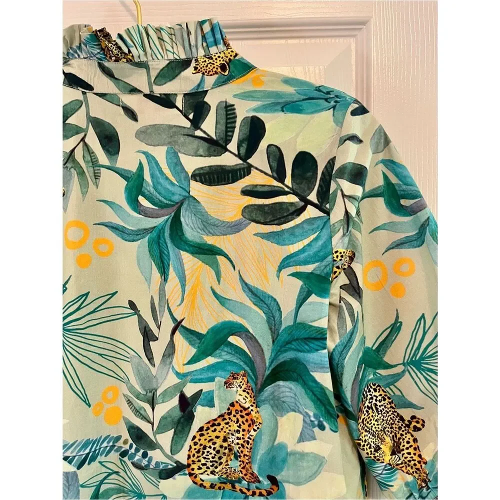 Amaya Tropical Leopard Print Blouse Green Cotton Resort Top S NWOT - Picture 5 of 7
